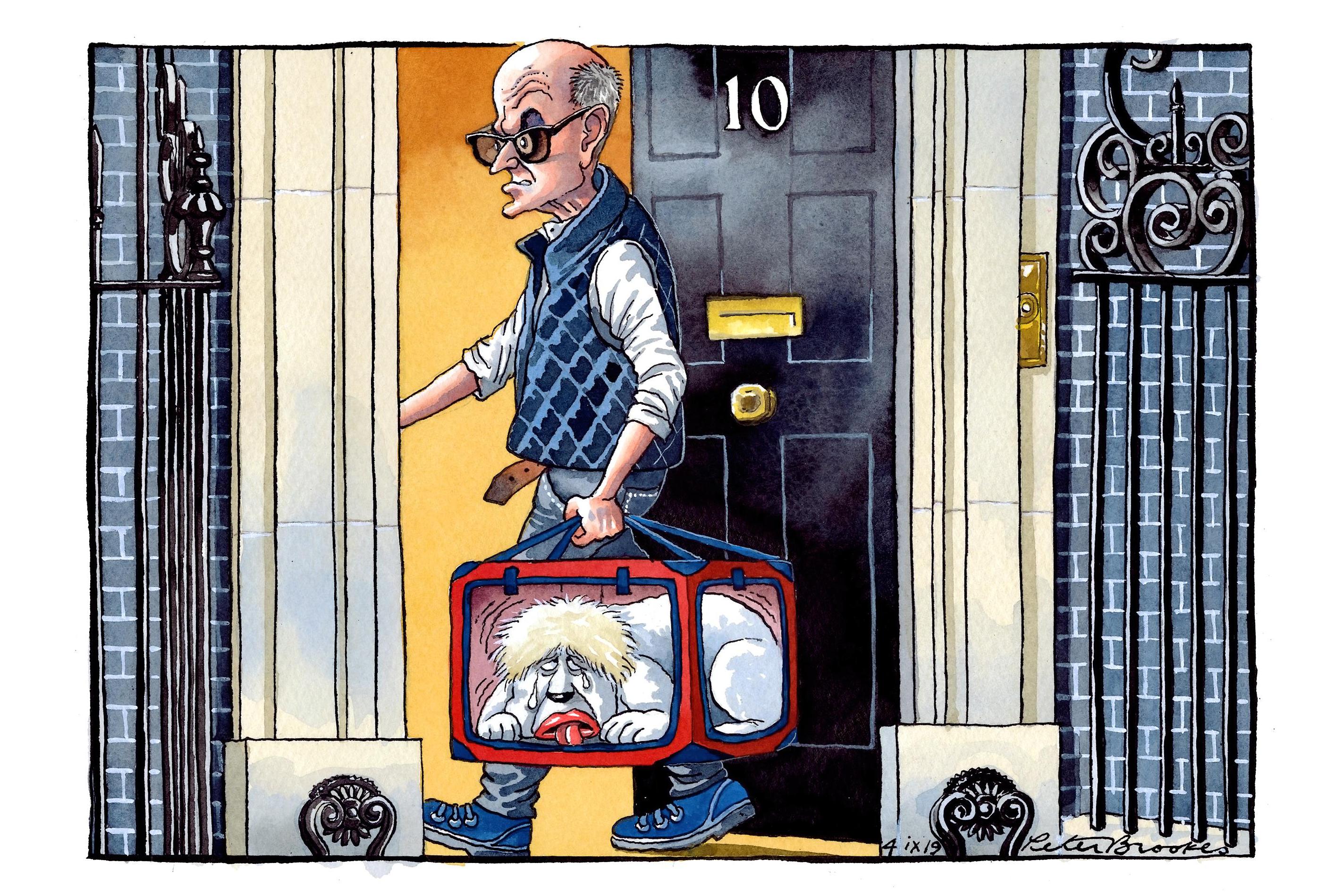 Dominic Cummings cartoon - Boris in carry-cage - enlarge